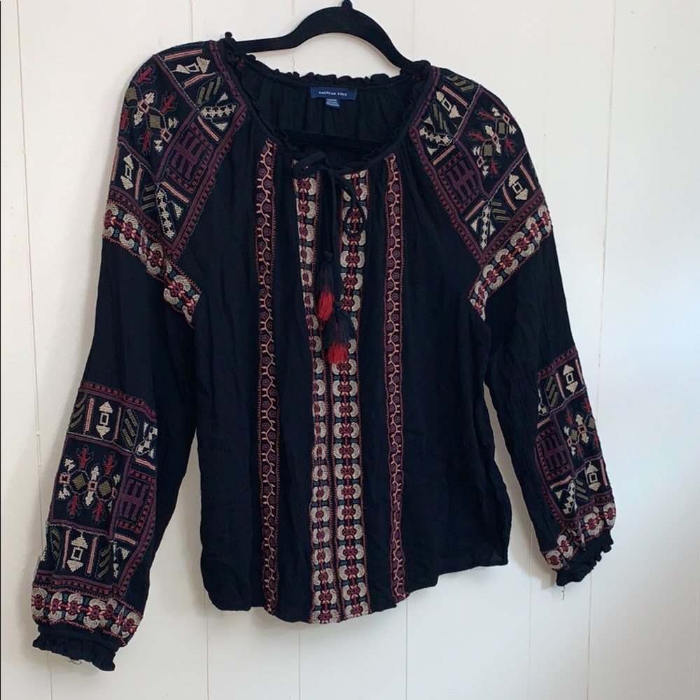 American Eagle Outfitters Black Embroidered Blouse